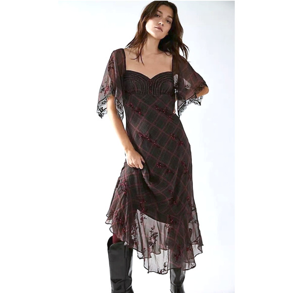 NEW FREE PEOPLE PLAID FALLEN FLOWERS MIDI DRESS SIZE 0 - Picture 14 of 14